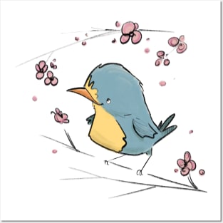 Tiny bird with pretty flowers Posters and Art